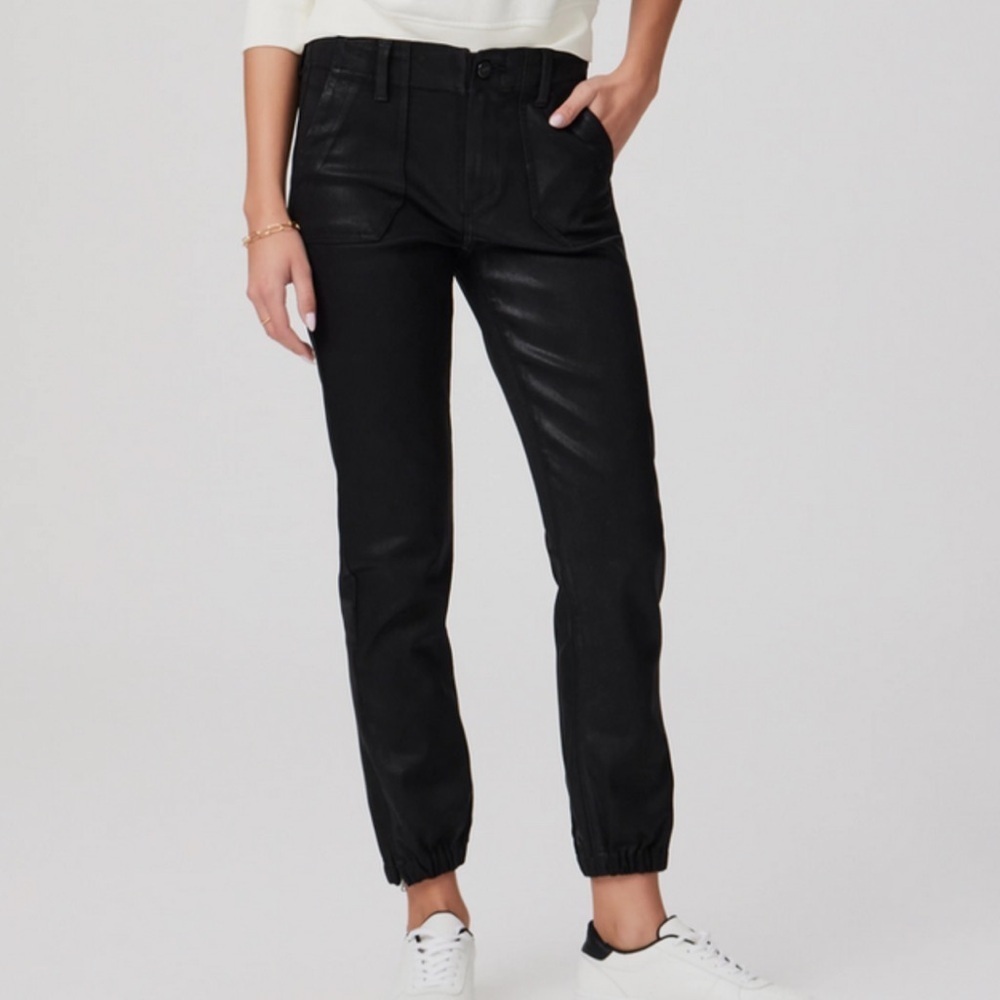 NWT PAIGE Mayslie Black Coated High Rise Denim Joggers Size 29